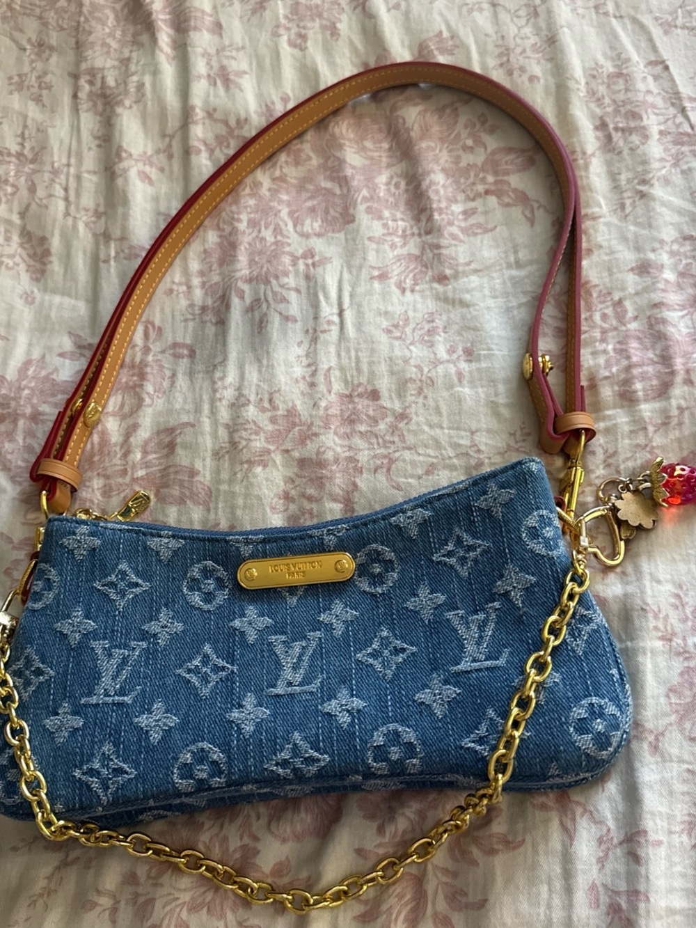 Louis Vuitton Blue Denim Monogram Pochette with Gold Hardware and Tan Strap